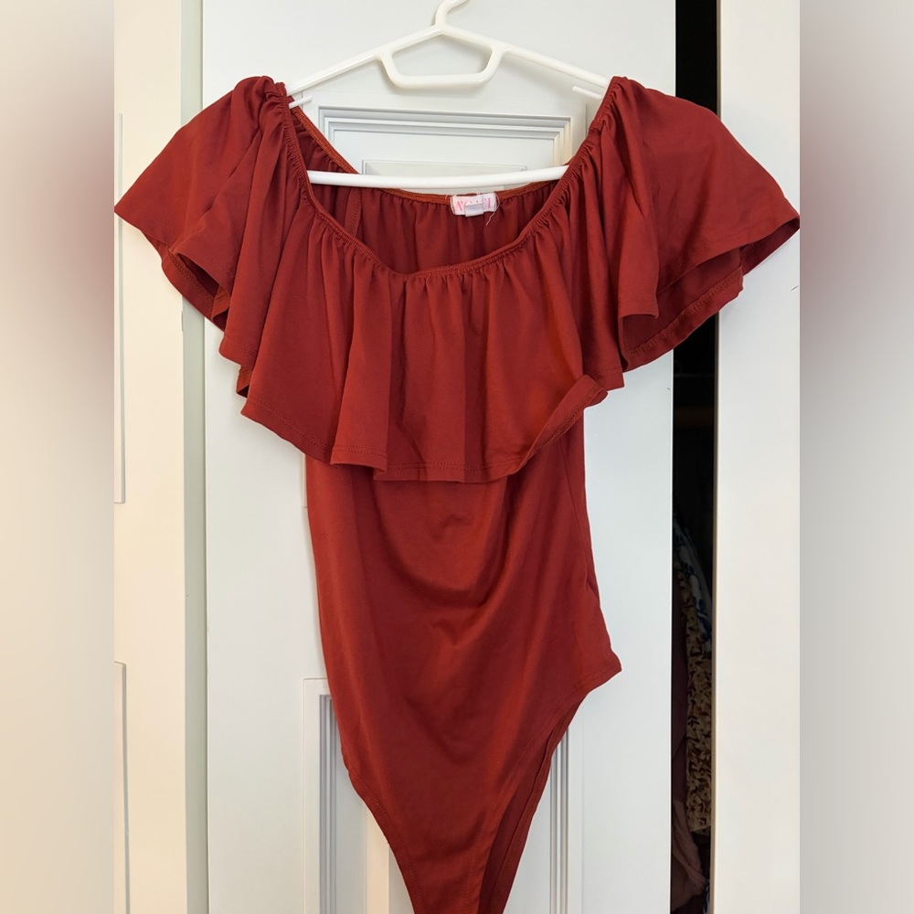 Off-Shoulder One-Piece Bodysuit in Rust Red